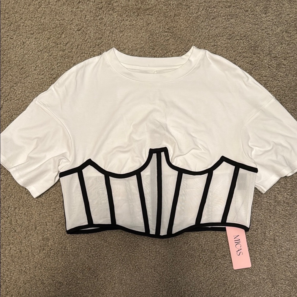 White and Black Crop Top with Bustier Graphic